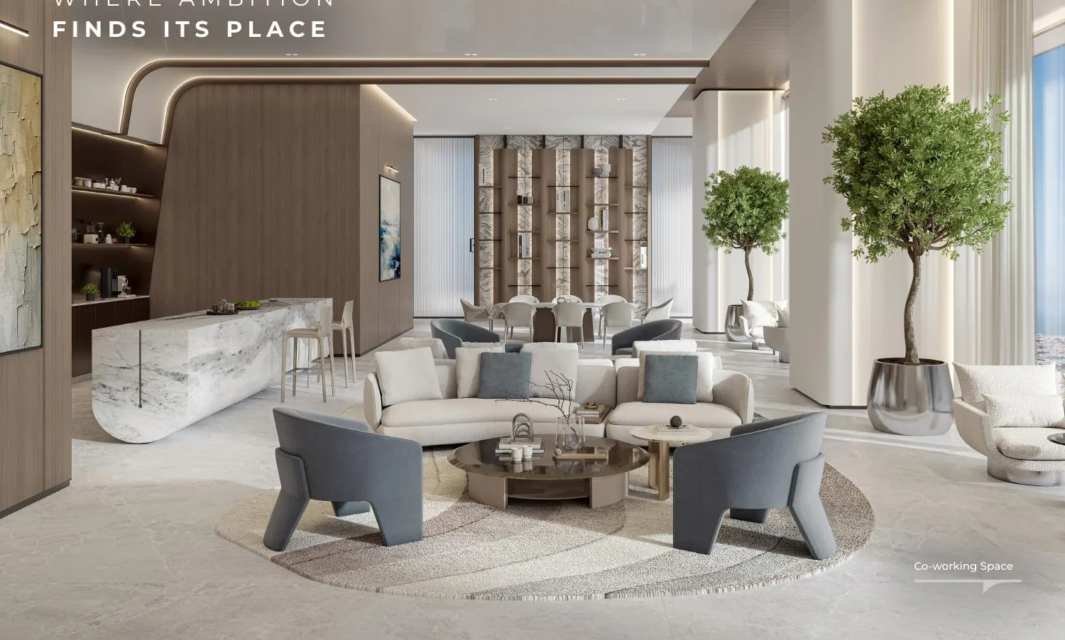 Berkeley Tower co-working lounge rendering with collaborative tables and skyline views