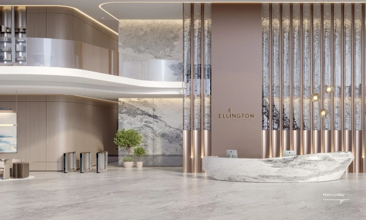 Berkeley Tower lobby rendering with double-height reception, sculptural columns and lounge seating