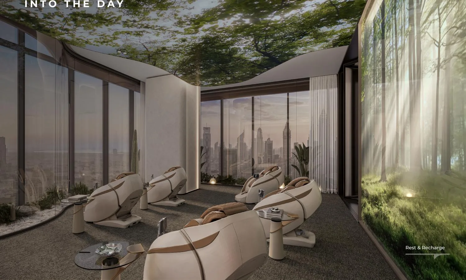 Berkeley Tower rest and recharge lounge rendering with planting and panoramic city views