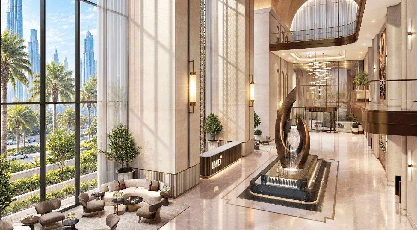 Developer rendering of the double-height Rockefeller tower lobby with lounge seating and a sculptural fountain